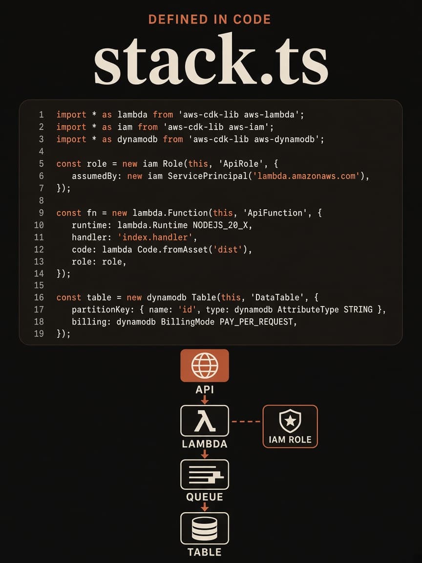 Infrastructure as code: stack.ts snippet above an API Lambda queue table flow