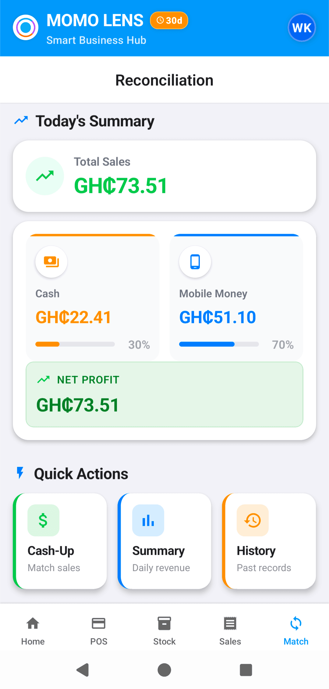 MOMO Lens reconciliation screen